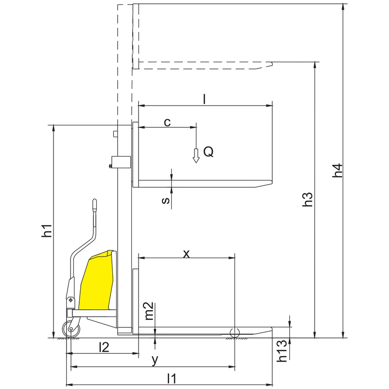Vista del apilador semieléctrico con patas envolventes regulables PEVV10-DPV/PEVV15-DPV