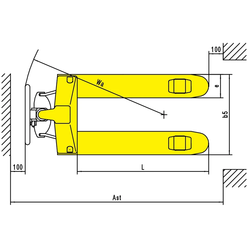 Vista superior con dimensiones de la transpaleta galvanizada RPV2500G