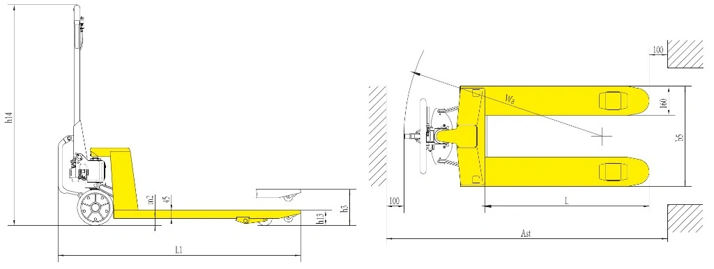 Dimensiones de la transpaleta con asistencia mecánica RPVM2500 de 2500 kg