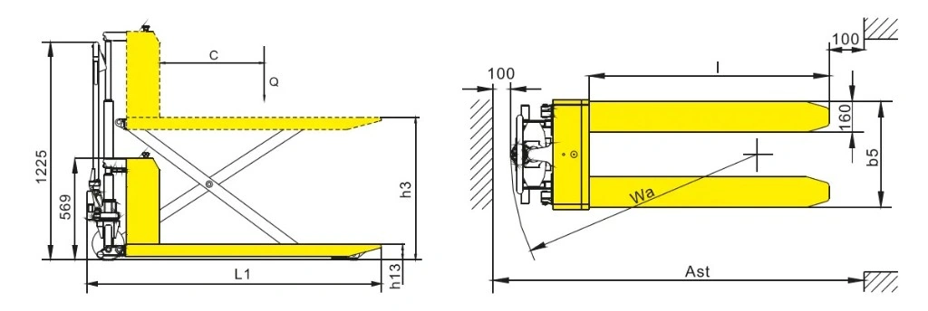 Dimensiones de la transpaleta semieléctrica PESV8 de 1000 kg