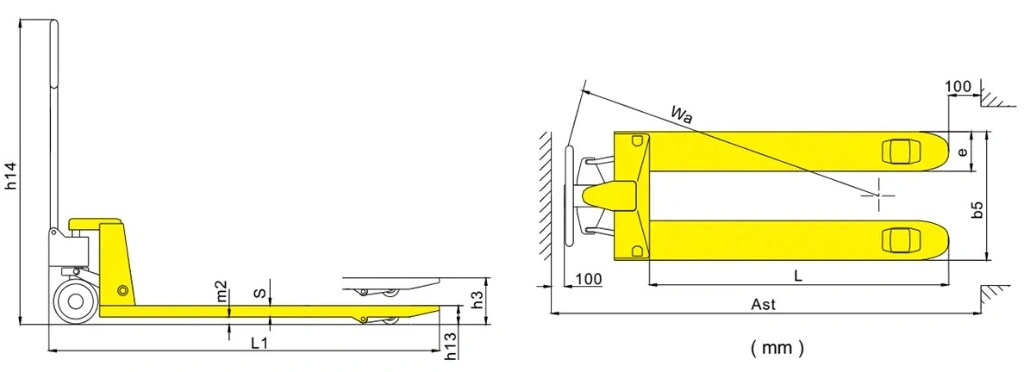 Dimensiones de la transpaleta manual estándar RPV2500STD/RPV3000STD