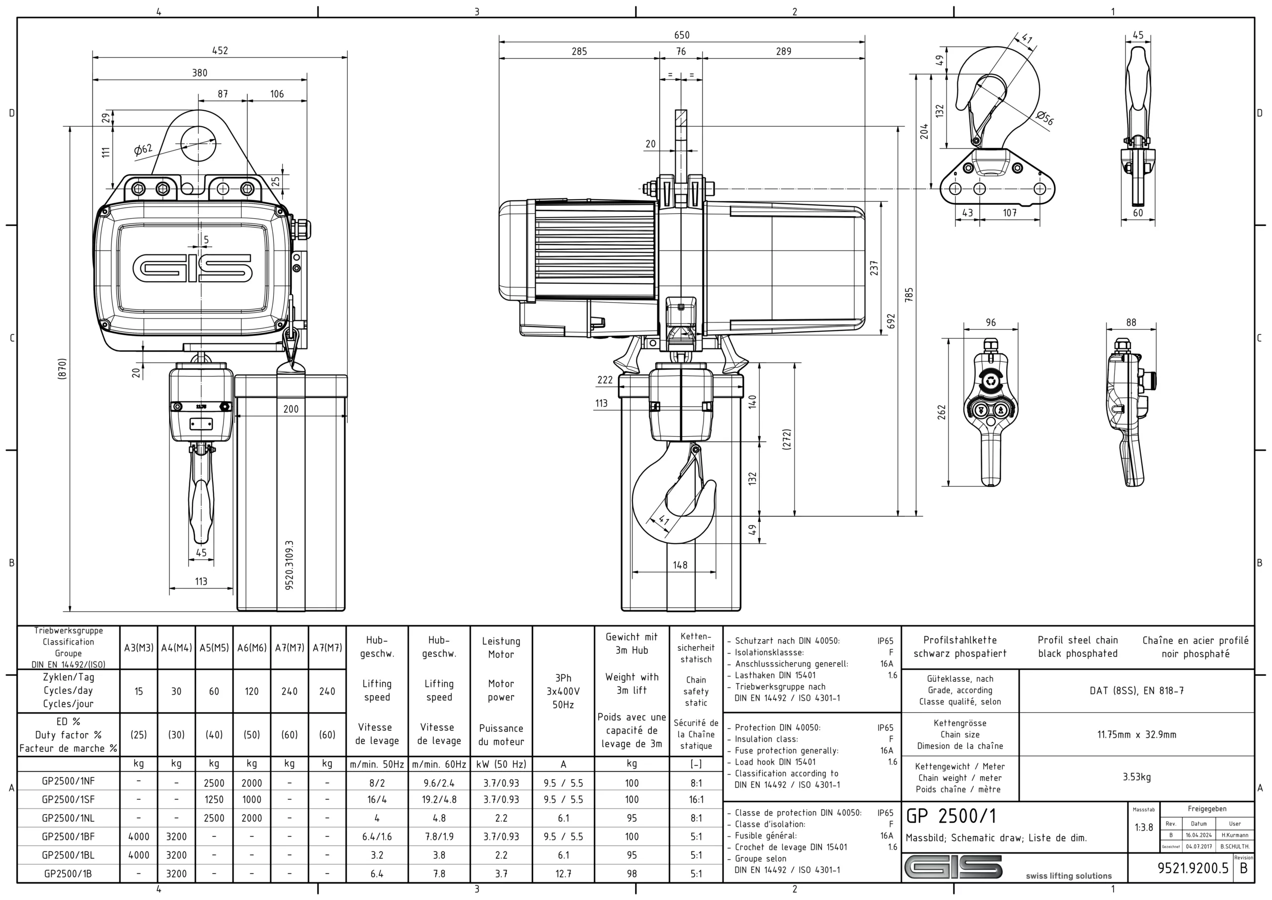 Polipasto eléctrico de cadena GIS GP2500 de 1000 a 6300 kg