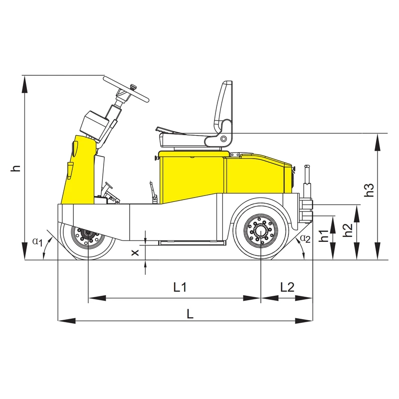 Vista del tractor de arrastre eléctrico VEV con operador sentado