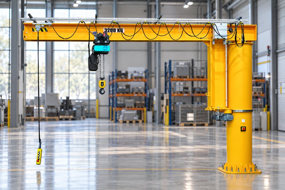Grúa pluma de columna de rotación completa Comege RSD con polipasto eléctrico de cadena en una nave industrial
